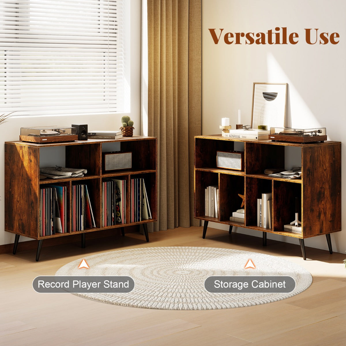 LIVSK Platenspelerstandaard - Rustiek Bruin - 3 Laags - Vinylopslag - Tafelblad en Vakken - 100 x 40 x 74,5 cm - Bruin