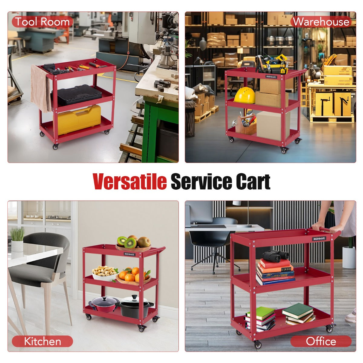 LIVSK Drielaagse Gereedschapswagen - Robuust Metalen Frame - 4 Wendbare Wielen - Tot 120 kg - 3 Grote Opbergvakken - Rood