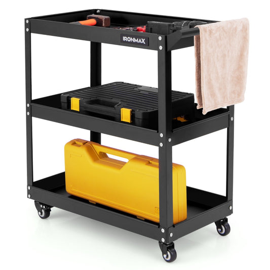 Livsk costway 3 laags rollende gereedschapswagen zware metalen wagen met 3 ruime planken en 4 universele wielen met 2 remmen zwart