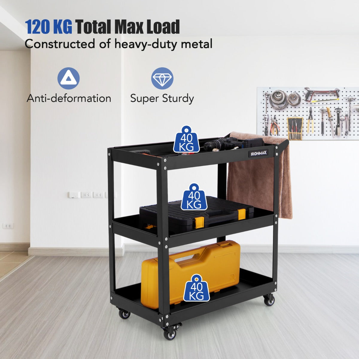 Livsk costway 3 laags rollende gereedschapswagen zware metalen wagen met 3 ruime planken en 4 universele wielen met 2 remmen zwart 3