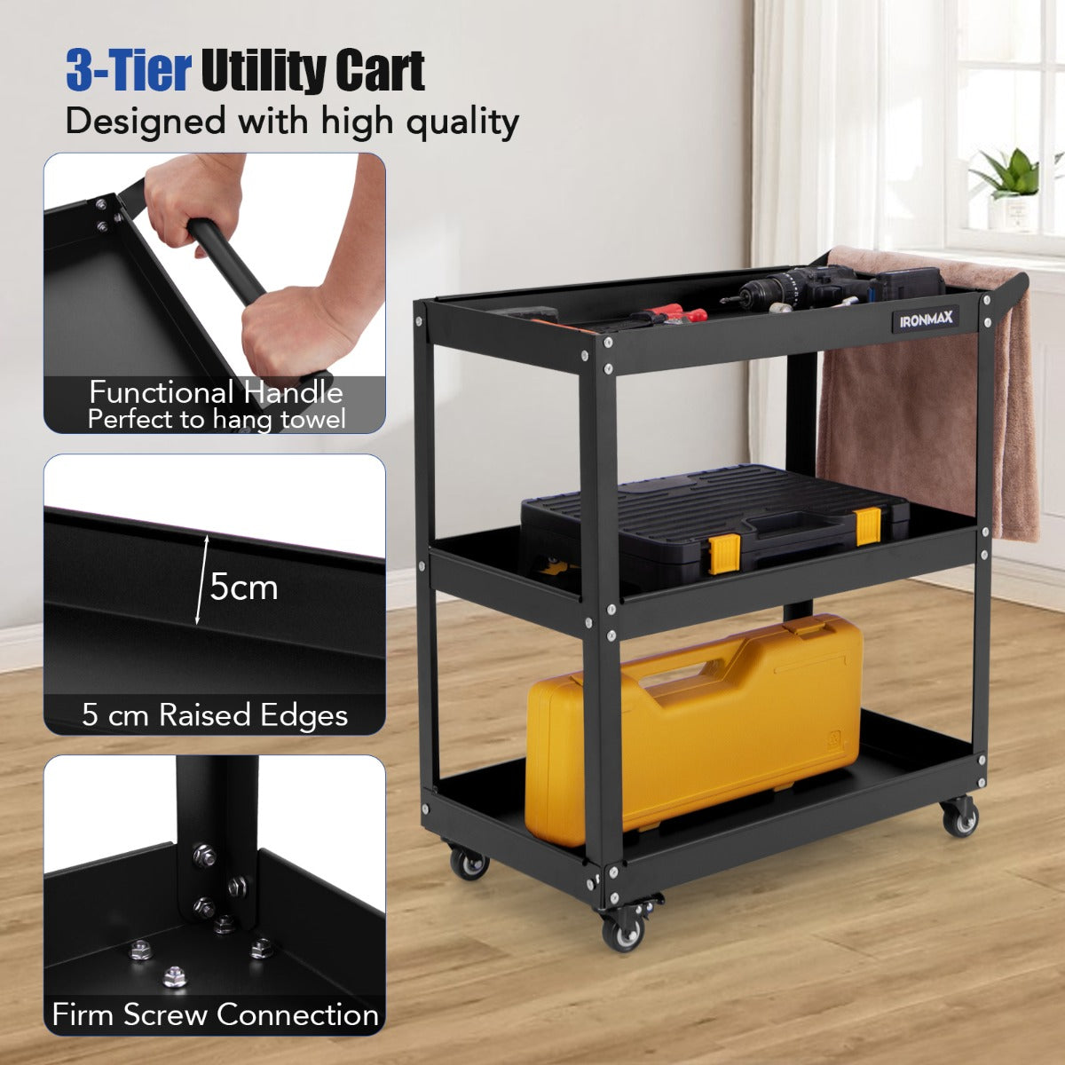 Livsk costway 3 laags rollende gereedschapswagen zware metalen wagen met 3 ruime planken en 4 universele wielen met 2 remmen zwart 4