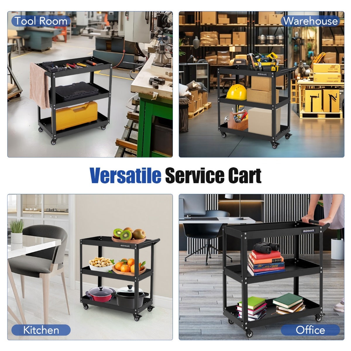 Livsk costway 3 laags rollende gereedschapswagen zware metalen wagen met 3 ruime planken en 4 universele wielen met 2 remmen zwart 6