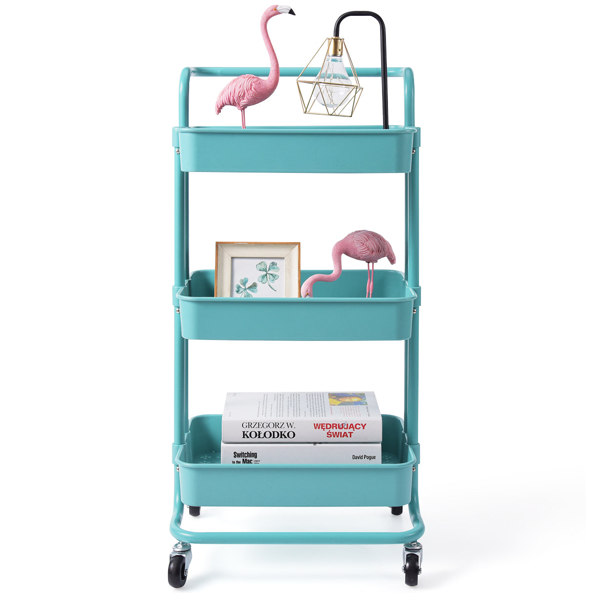 LIVSK Multifunctionele Metalen Trolley met 3 Niveaus - 60 kg Draagvermogen - 4 Zwenkwielen - Ruimtebesparend - Groen