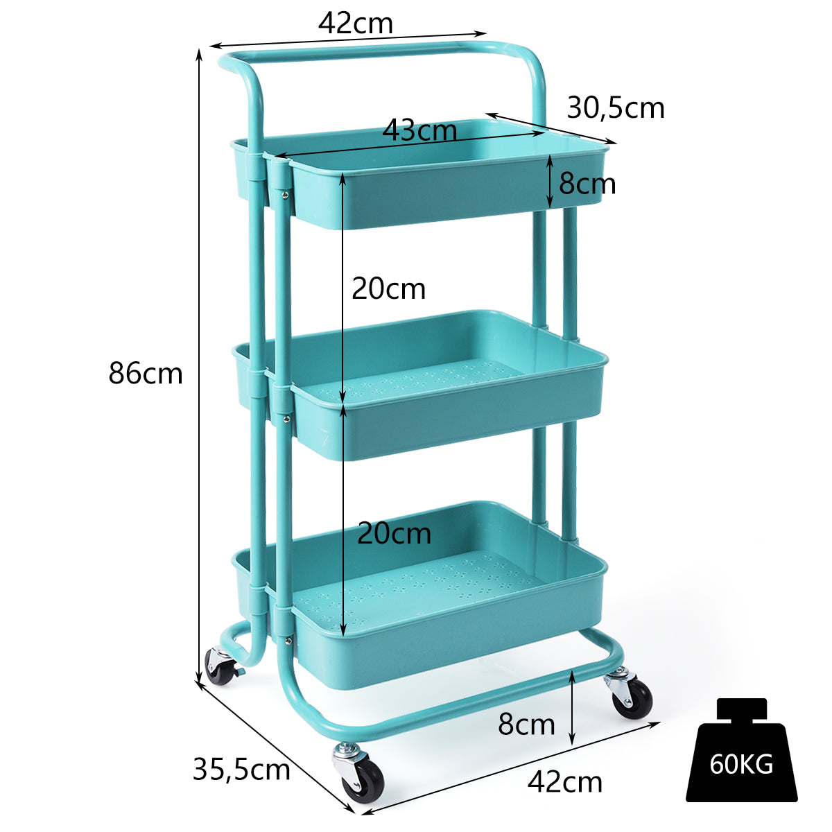 LIVSK Multifunctionele Metalen Trolley met 3 Niveaus - 60 kg Draagvermogen - 4 Zwenkwielen - Ruimtebesparend - Groen