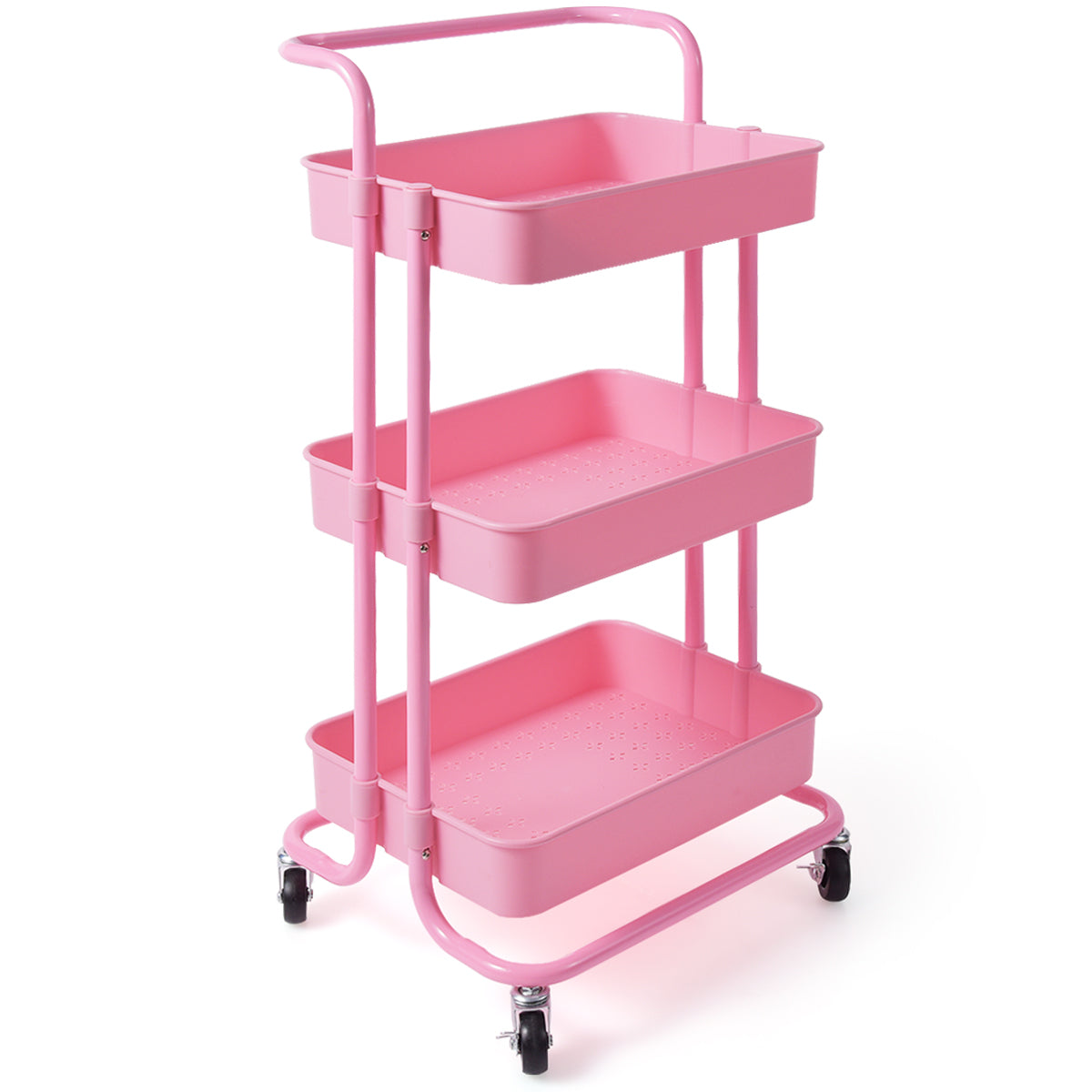 LIVSK Metalen Trolley met 3 Niveaus - 60 kg Draagvermogen - Handgrepen - Zwenkwielen - Ruimtebesparend - Roze
