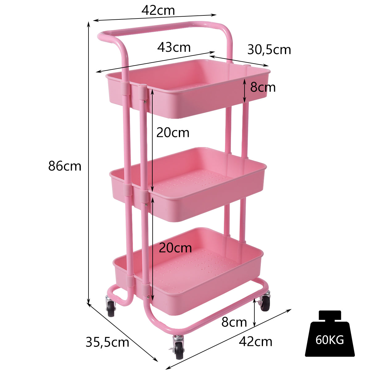 LIVSK Metalen Trolley met 3 Niveaus - 60 kg Draagvermogen - Handgrepen - Zwenkwielen - Ruimtebesparend - Roze