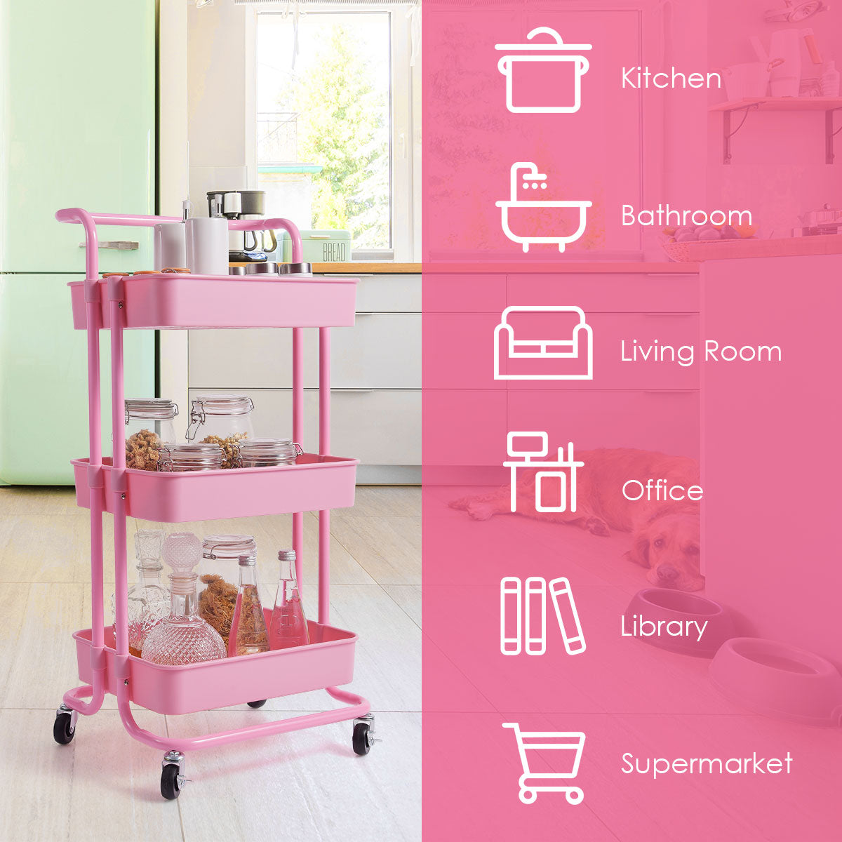 LIVSK Metalen Trolley met 3 Niveaus - 60 kg Draagvermogen - Handgrepen - Zwenkwielen - Ruimtebesparend - Roze