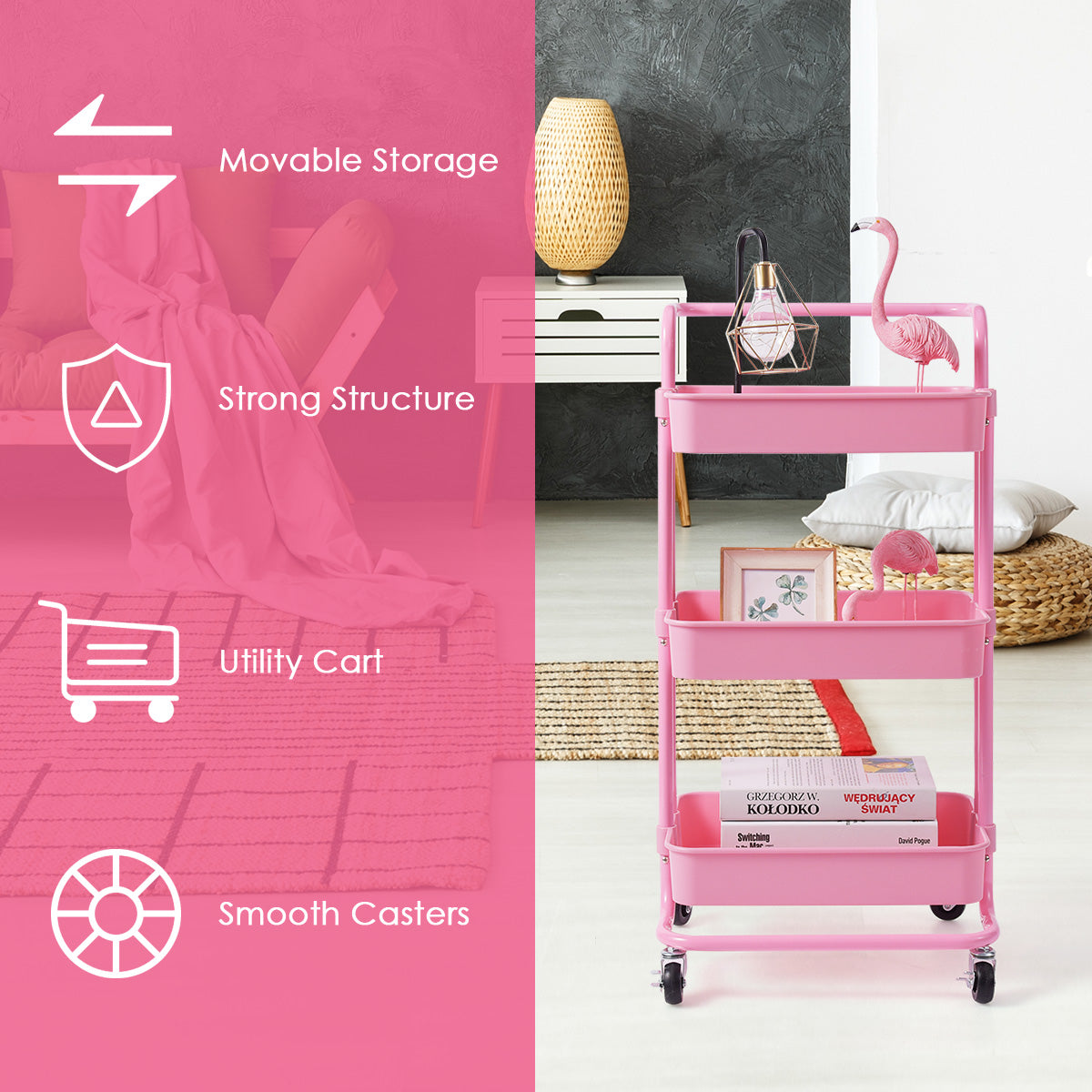 LIVSK Metalen Trolley met 3 Niveaus - 60 kg Draagvermogen - Handgrepen - Zwenkwielen - Ruimtebesparend - Roze