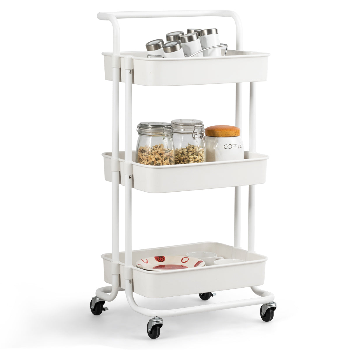 LIVSK Metalen Trolley met 3 Niveaus - 60 kg Draagvermogen - 4 Zwenkwielen - Duurzaam en Multifunctioneel - 42 x 35,5 x 86 cm -