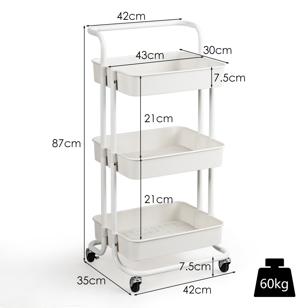 LIVSK Metalen Trolley met 3 Niveaus - 60 kg Draagvermogen - 4 Zwenkwielen - Duurzaam en Multifunctioneel - 42 x 35,5 x 86 cm -