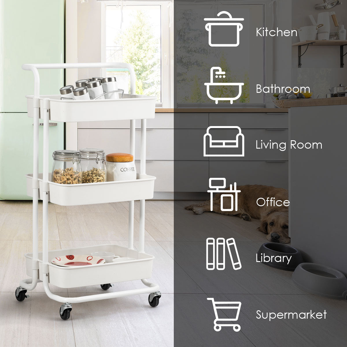 LIVSK Metalen Trolley met 3 Niveaus - 60 kg Draagvermogen - 4 Zwenkwielen - Duurzaam en Multifunctioneel - 42 x 35,5 x 86 cm -