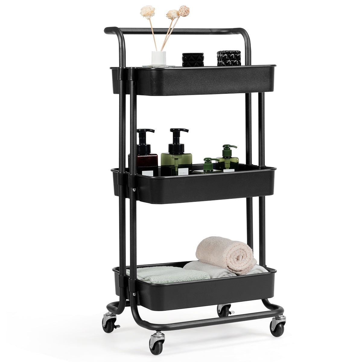 LIVSK Metalen Trolley met 3 Niveaus - 60 kg Draagvermogen - Premium Zwenkwielen - Duurzaam en Vloervriendelijk - Wit