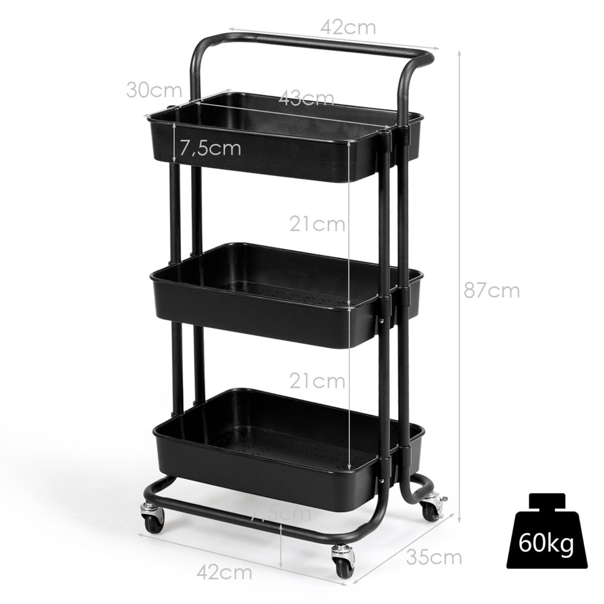 LIVSK Metalen Trolley met 3 Niveaus - 60 kg Draagvermogen - Premium Zwenkwielen - Duurzaam en Vloervriendelijk - Wit
