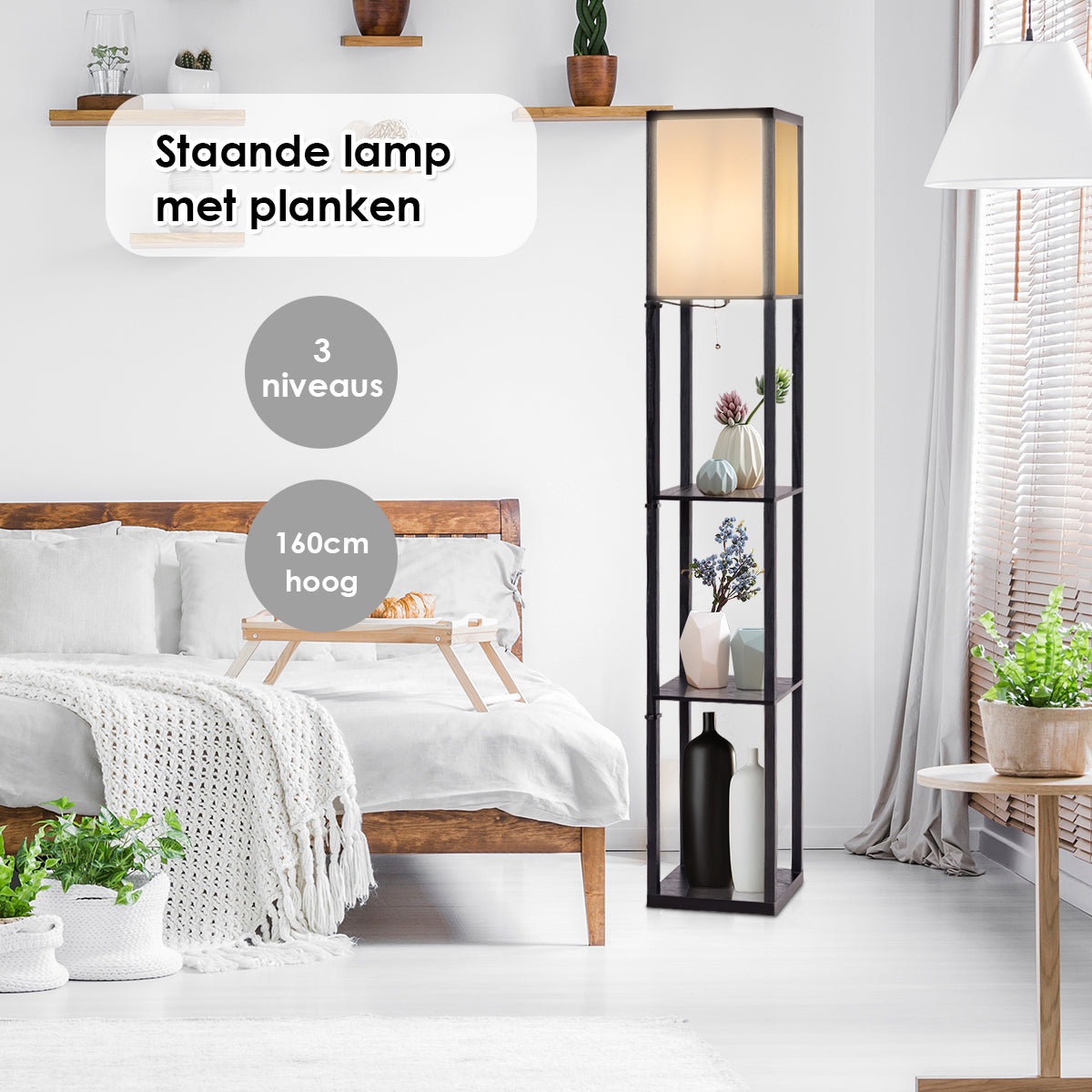 LIVSK Plank Vloerlamp met 3-laags Plankontwerp - Zacht Licht - Stabiel Frame - Modern Design - 26 x 26 x 160 cm - Zwart