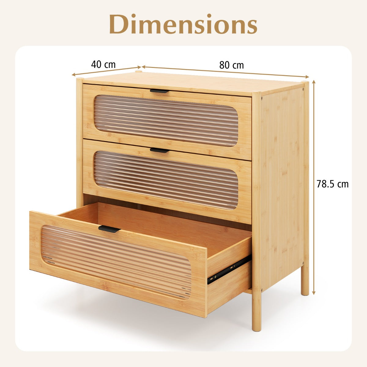 LIVSK Ladekast met 3 Lades - Duurzaam Bamboe met Gehard Glas - Anti-kantelkit - 80 x 40 x 78,5 cm - Natuurlijk