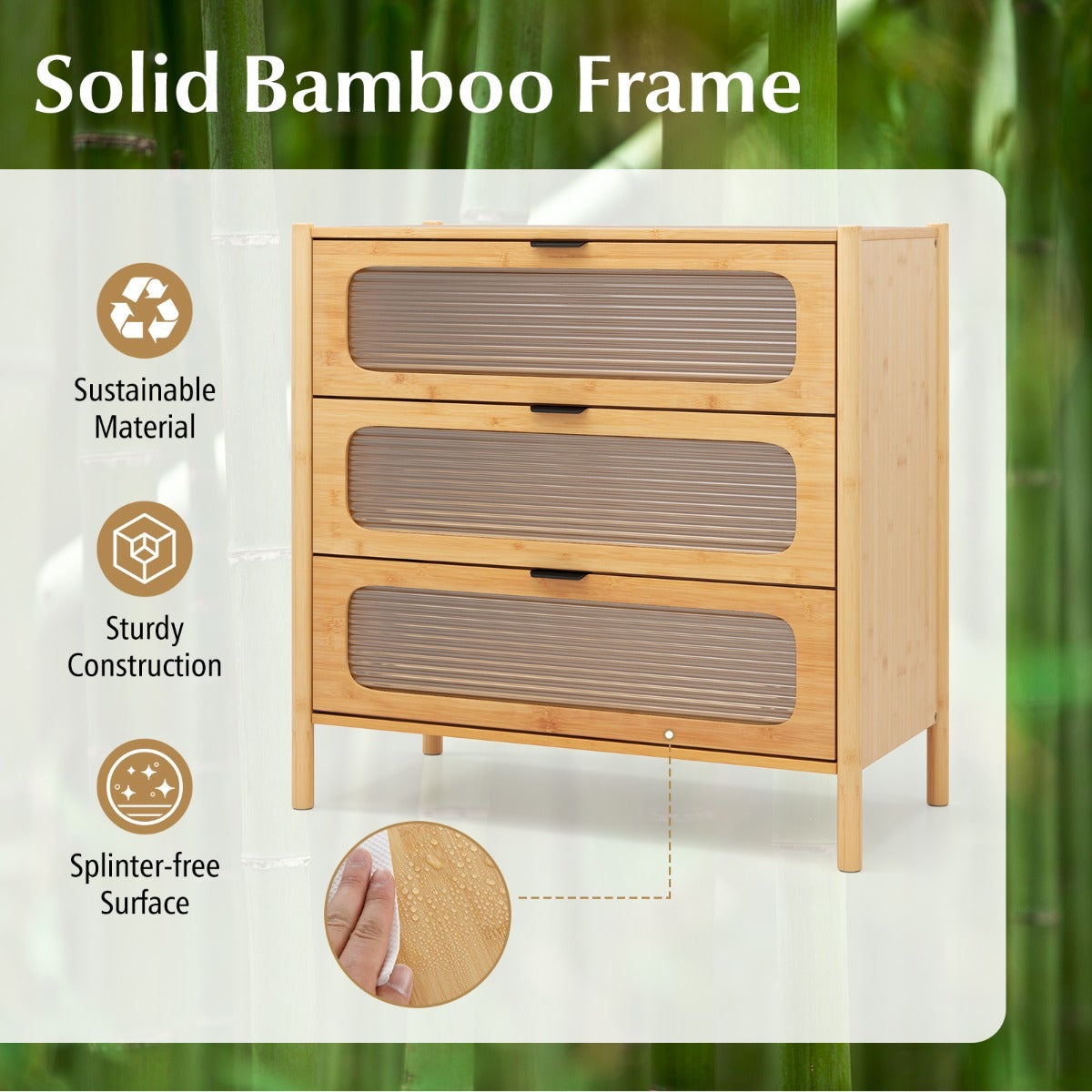 LIVSK Ladekast met 3 Lades - Duurzaam Bamboe met Gehard Glas - Anti-kantelkit - 80 x 40 x 78,5 cm - Natuurlijk
