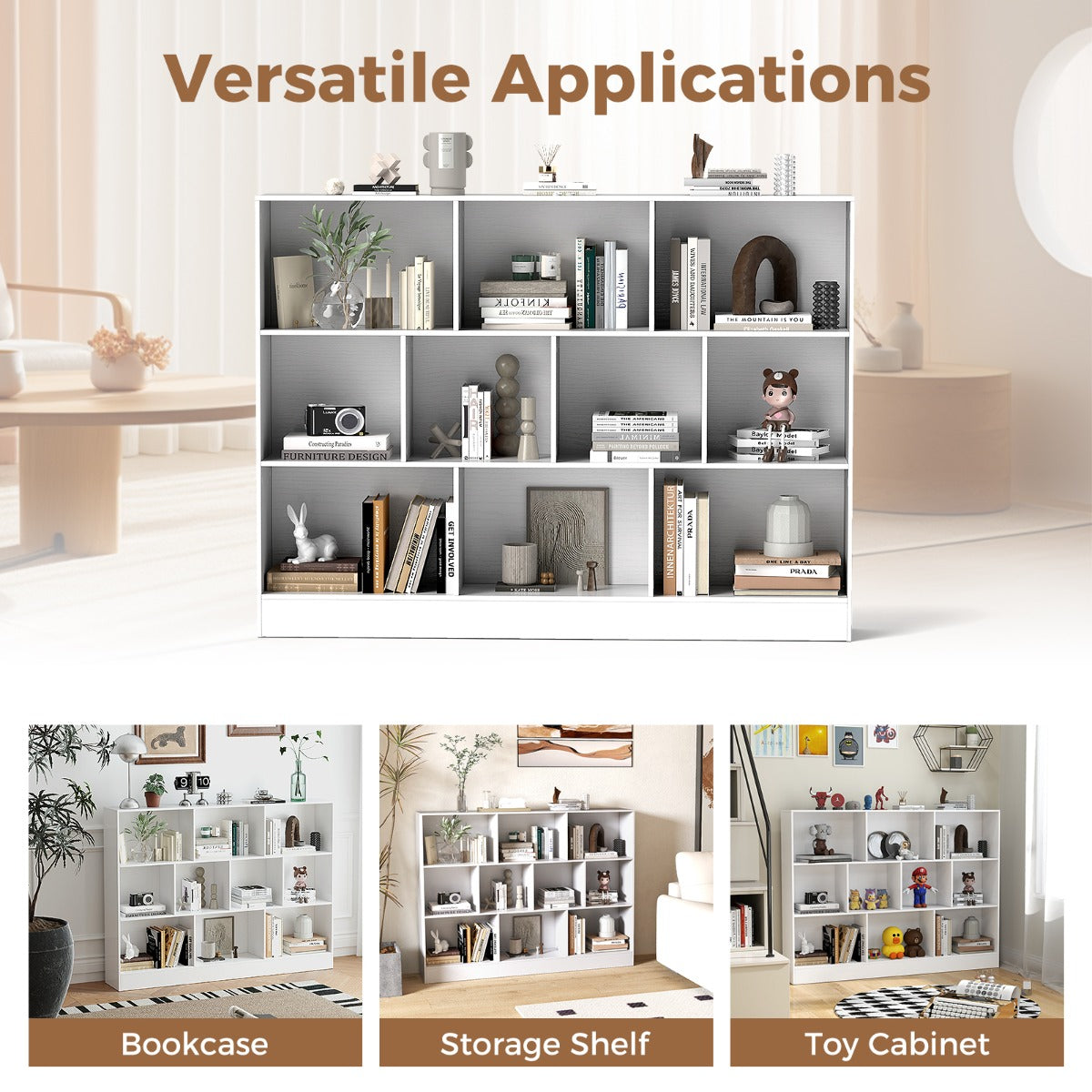 LIVSK Boekenplank met 10 Vakken - Duurzaam MDF - 170 kg Draagvermogen - Inclusief Kantelbeveiligingen - 140 x 24 x 104 cm - Wit