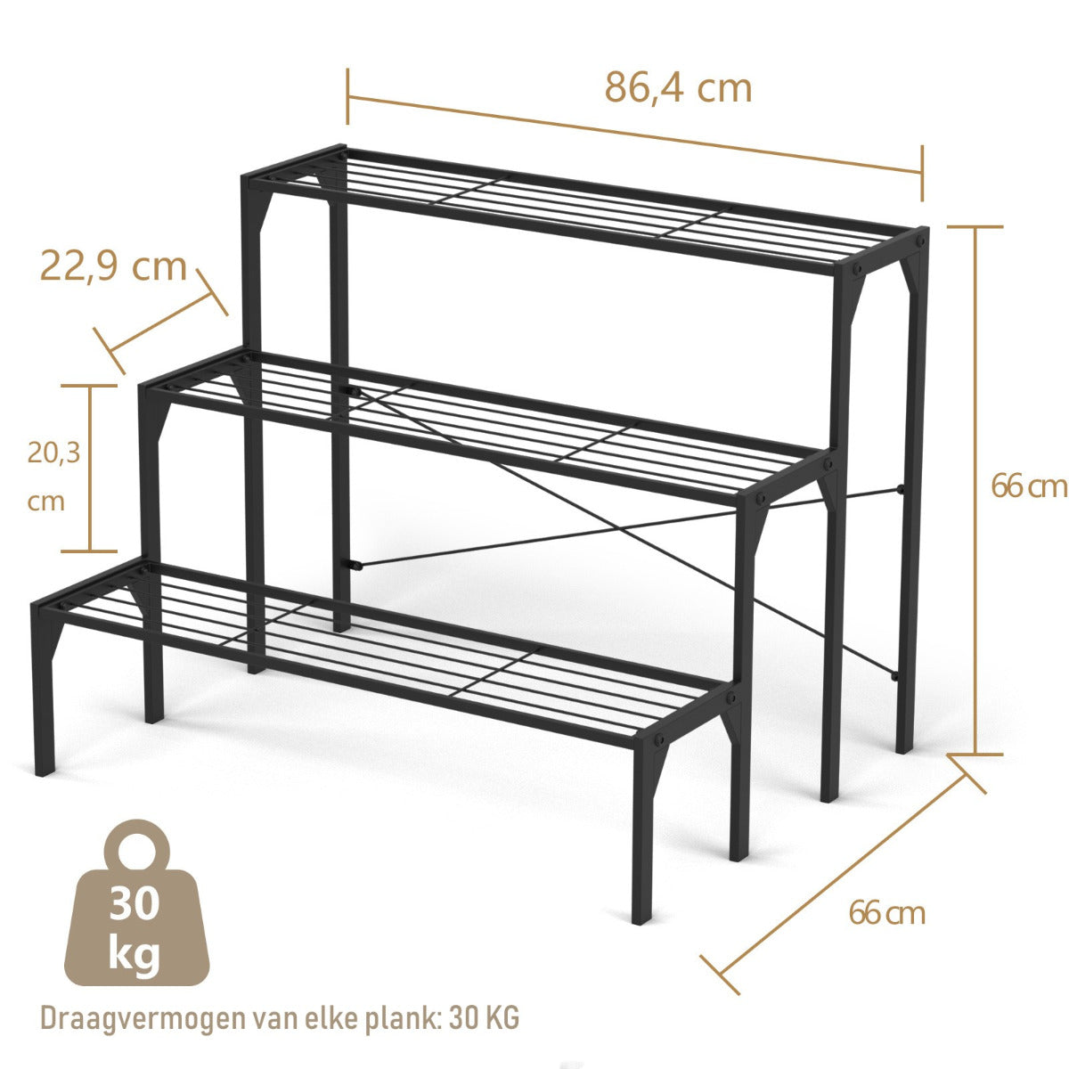 LIVSK Ruimtebesparende Metalen Plantenstandaard - 3 Lagen - Binnen & Buiten - Stevig en Stijlvol - 85 x 65 x 66 cm - Zwart