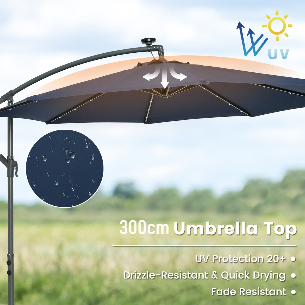 LIVSK Terrasparasol 300 cm - 32 Zonne-LED-lichten - Water- en UV-bescherming - Handige zwengel - Stevig frame - Donkerblauw