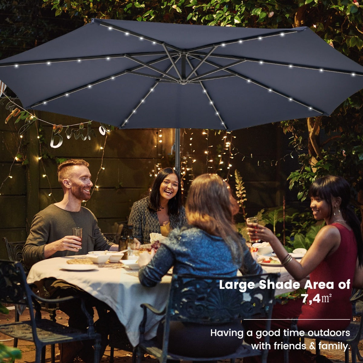 LIVSK Terrasparasol 300 cm - 32 Zonne-LED-lichten - Water- en UV-bescherming - Handige zwengel - Stevig frame - Donkerblauw