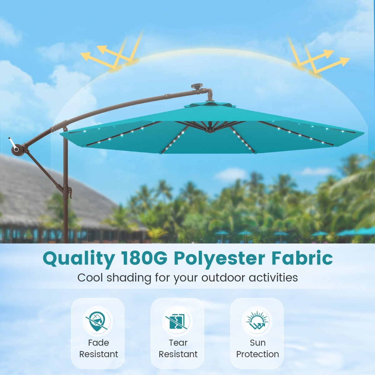 LIVSK Terrasparasol 300 cm - UV- en Waterbescherming - Verstelbaar met 32 LED-lichten - Stabiel met Zandzakken - Turquoise