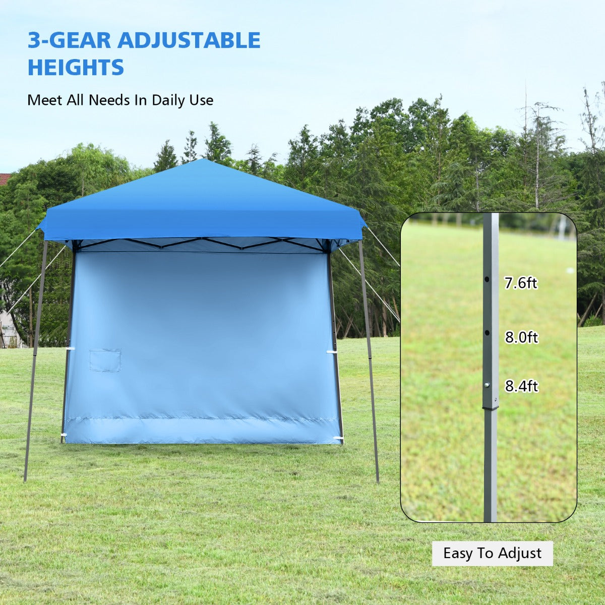 LIVSK Opvouwbare Luifeltent met Zijwand - Schuin Ontwerp - Stevig Stalen Frame - Verstelbare Hoogtes - Pop-up Montage - Blauw