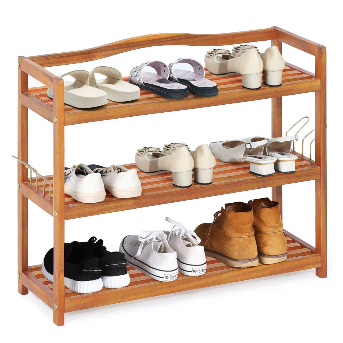 LIVSK Acaciahouten Schoenenrek - 3 Niveaus - Tot 12-18 Paar - Met Zijhaken - Maximaal 20 kg - Roodbruin