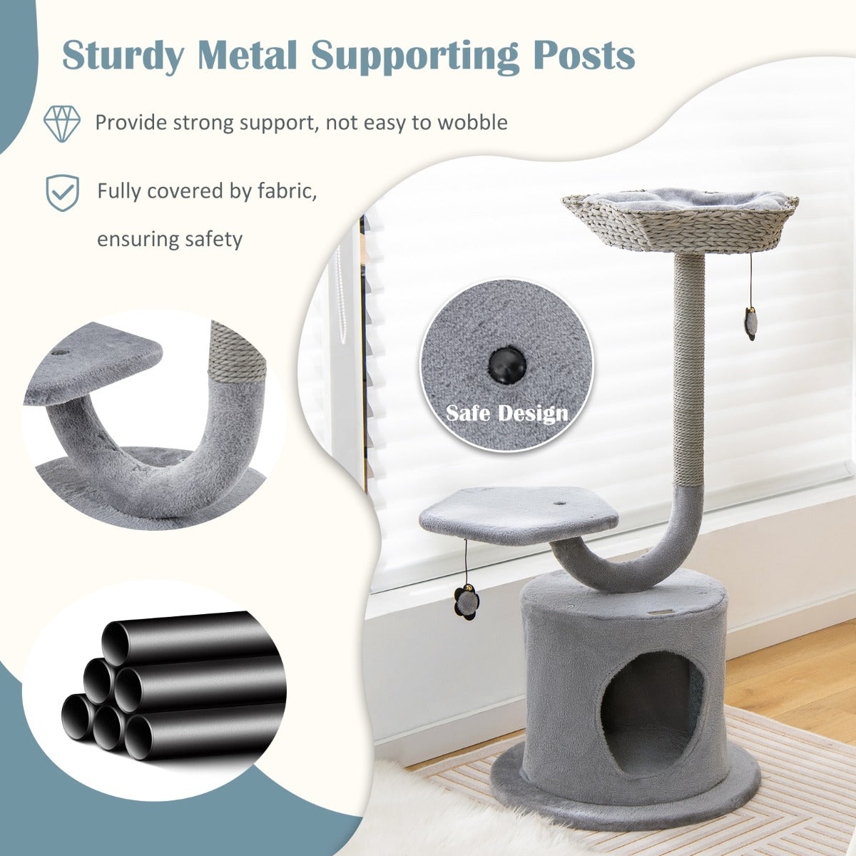 LIVSK Kattentoren 3-Niveau - Stevig Metalen Frame - Krabpalen en Zitstok - Handgeweven Mand - 50 x 50 x 106 cm - Grijs