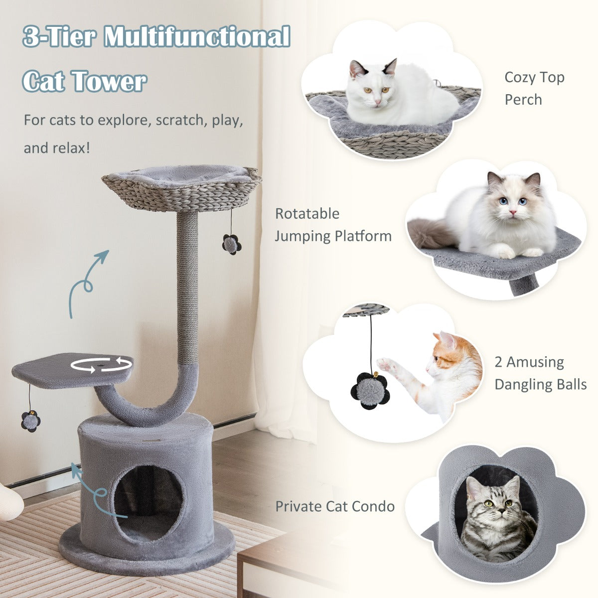 LIVSK Kattentoren 3-Niveau - Stevig Metalen Frame - Krabpalen en Zitstok - Handgeweven Mand - 50 x 50 x 106 cm - Grijs