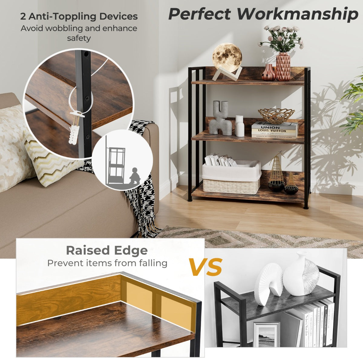 LIVSK Hoekboekenkast - 3 Verstelbare Planken - Stevig Metalen Frame - Industriële Stijl - 70 x 35 x 81 cm - Rustiek bruin en zwart