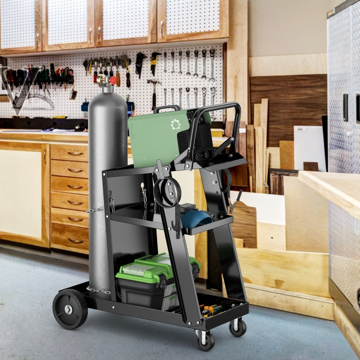 LIVSK Kantelbare Laswerkplaatswagen - Schuin Werkblad - Drie Niveaus - Robuuste Metalen Constructie - 360° Zwenkwielen - Zwart