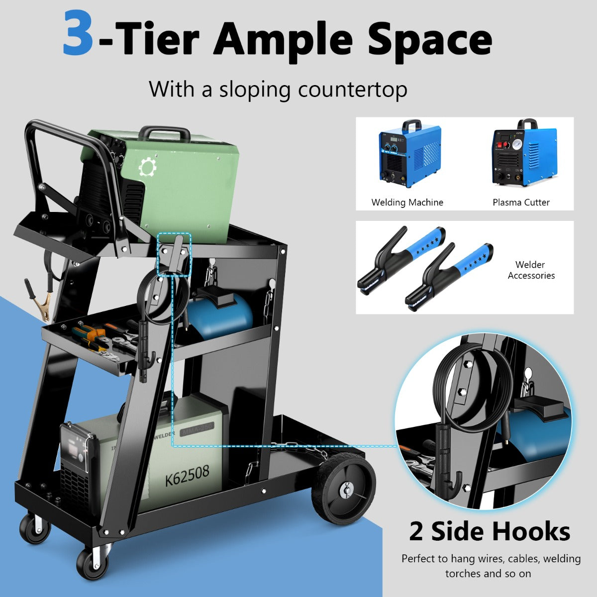 LIVSK Kantelbare Laswerkplaatswagen - Schuin Werkblad - Drie Niveaus - Robuuste Metalen Constructie - 360° Zwenkwielen - Zwart