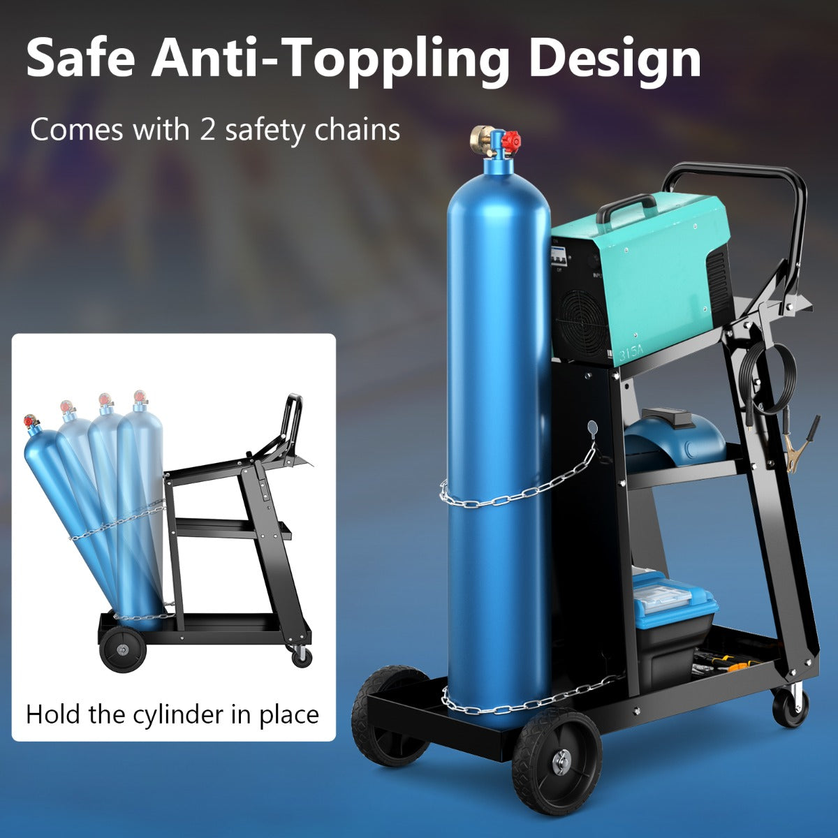 LIVSK Kantelbare Laswerkplaatswagen - Schuin Werkblad - Drie Niveaus - Robuuste Metalen Constructie - 360° Zwenkwielen - Zwart