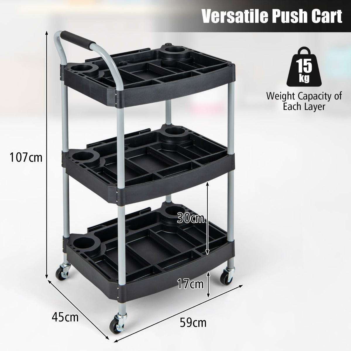 LIVSK Gereedschapswagen met 3 Etages - Sterke Metalen Structuur - Flessenhouders en Accessoire-Organisers - 59 x 45 x 107 cm -