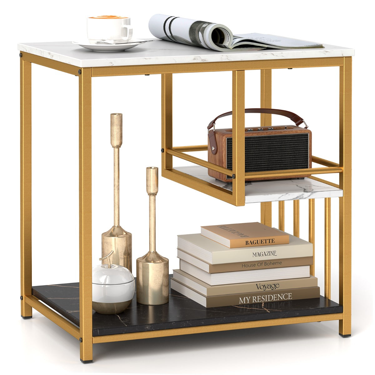 LIVSK Bijzettafel Imitatiemarmer - Goudkleurig Metalen Frame - 3 Niveaus - Duurzaam - 60 x 40 x 60,5 cm - Wit/Zwart/Goud