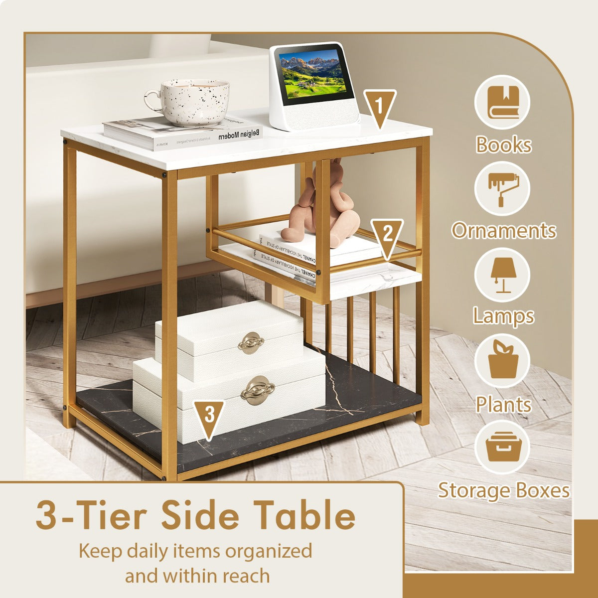 LIVSK Bijzettafel Imitatiemarmer - Goudkleurig Metalen Frame - 3 Niveaus - Duurzaam - 60 x 40 x 60,5 cm - Wit/Zwart/Goud