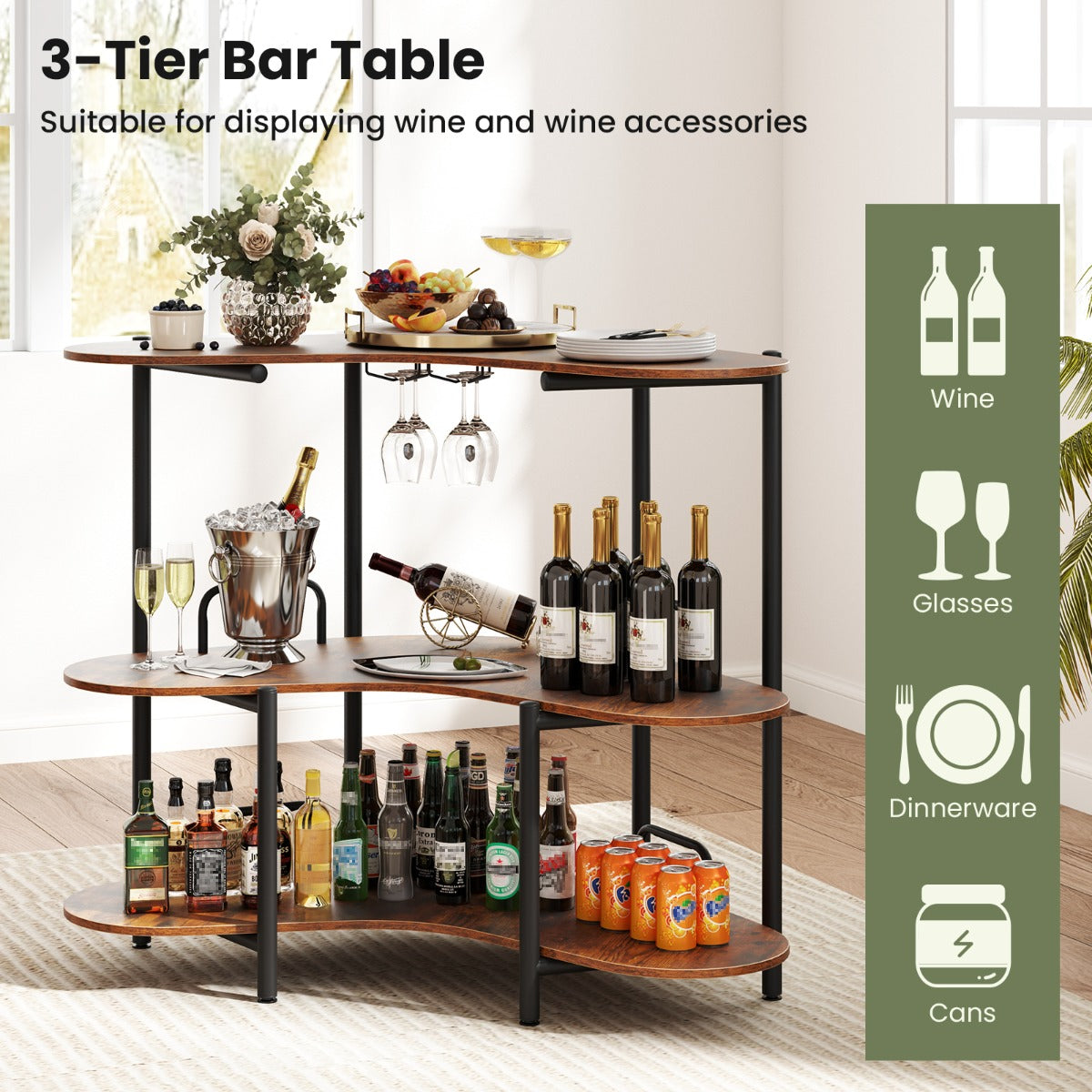LIVSK Bartafel met 3-laags Opbergvak - Glazenhouders - Industriële Stijl - Hoogte 102 cm - Tot 90 kg - Rustiek Bruin