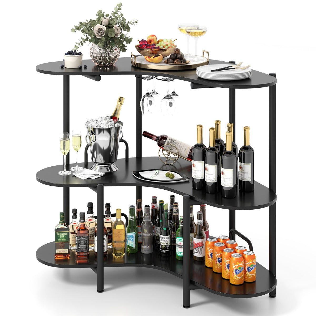 LIVSK Bartafel met 3-laags Opbergvak - Robuust Metalen Frame - Industriële Stijl - Barhoogte 102 cm - Zwart