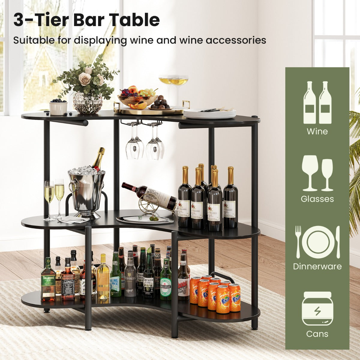 LIVSK Bartafel met 3-laags Opbergvak - Robuust Metalen Frame - Industriële Stijl - Barhoogte 102 cm - Zwart