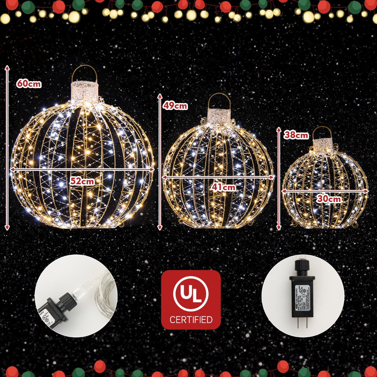 LIVSK Festival Decoratieve Ronde Lichtballen - 3 Stuks met 180 Warm & Wit Licht - Gouden Frame - Waterdicht - 52/41/30 cm - Goud
