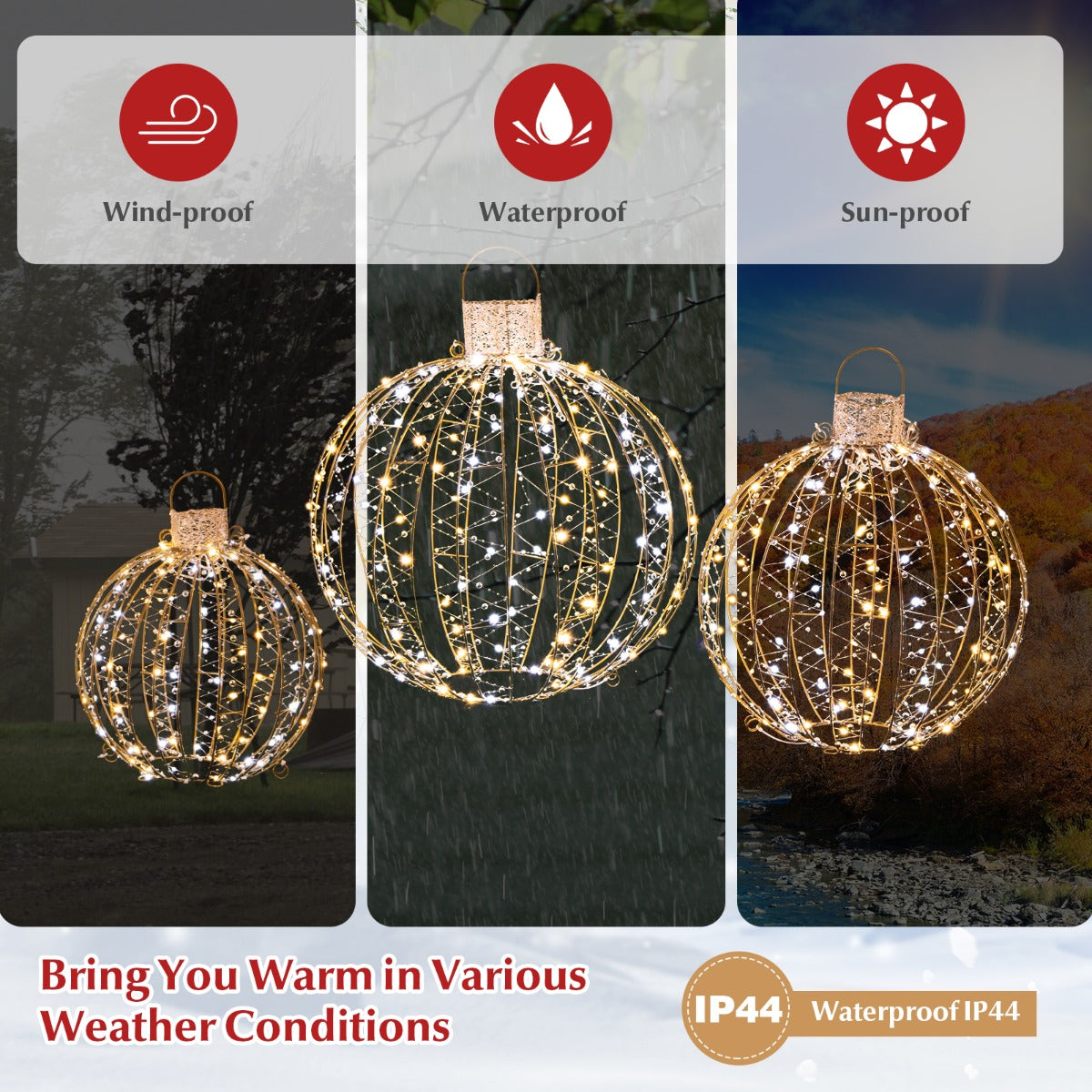 LIVSK Festival Decoratieve Ronde Lichtballen - 3 Stuks met 180 Warm & Wit Licht - Gouden Frame - Waterdicht - 52/41/30 cm - Goud
