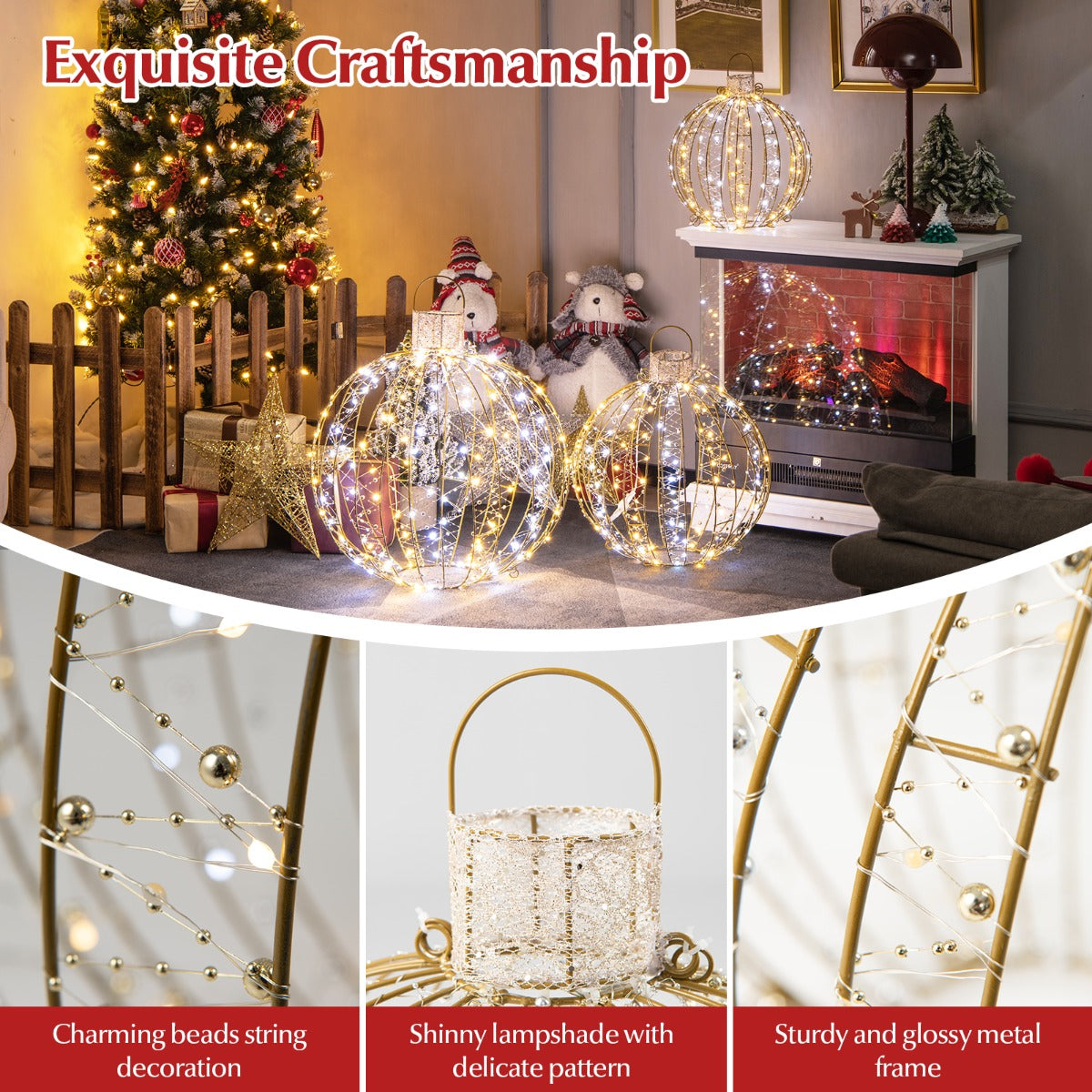 LIVSK Festival Decoratieve Ronde Lichtballen - 3 Stuks met 180 Warm & Wit Licht - Gouden Frame - Waterdicht - 52/41/30 cm - Goud