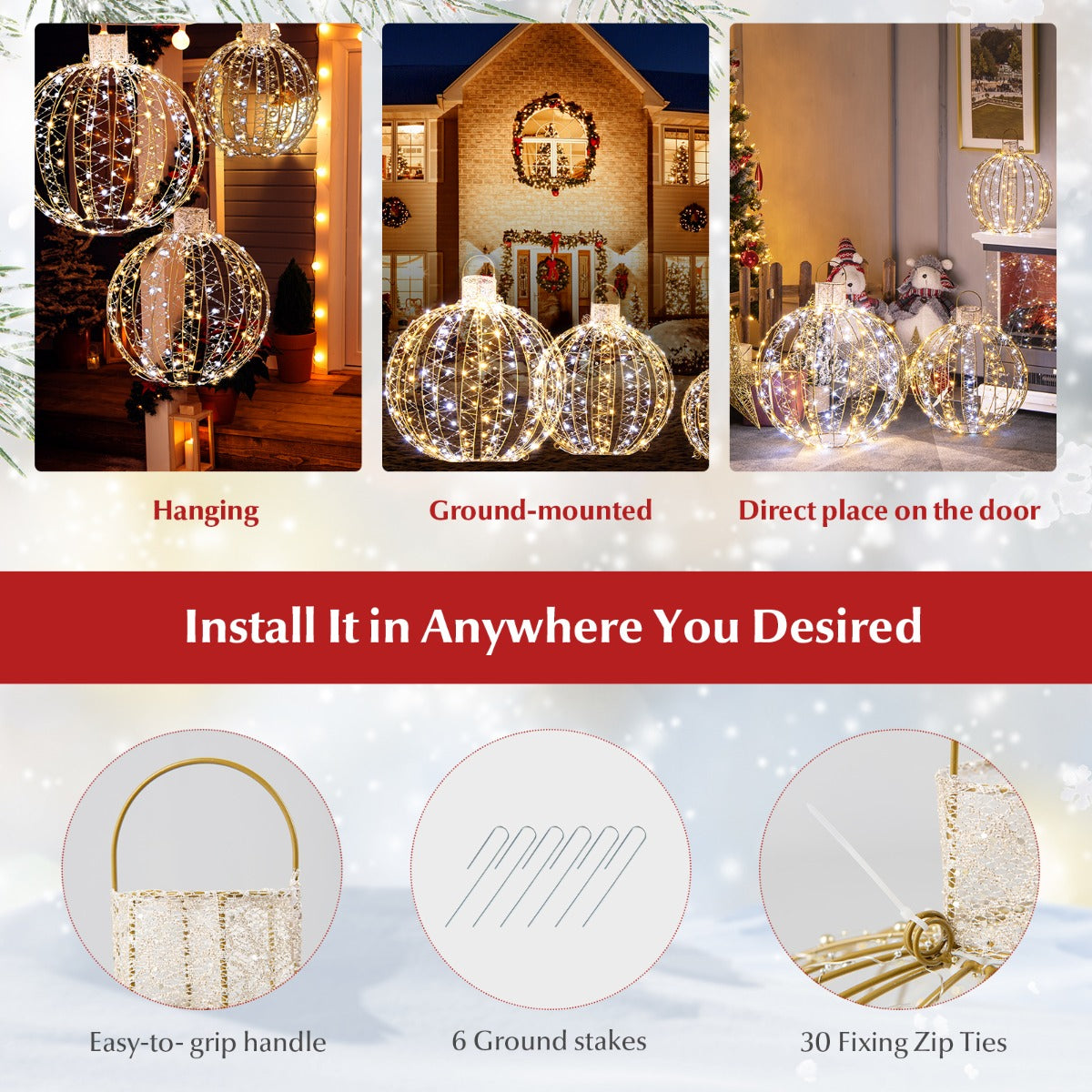 LIVSK Festival Decoratieve Ronde Lichtballen - 3 Stuks met 180 Warm & Wit Licht - Gouden Frame - Waterdicht - 52/41/30 cm - Goud