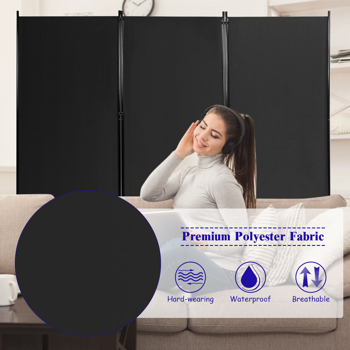 LIVSK Kamerscherm - Inklapbaar met 3 Panelen - Hoogwaardig Polyester & Staal - Flexibel & Duurzaam - Tot 260 x 183 cm - Zwart