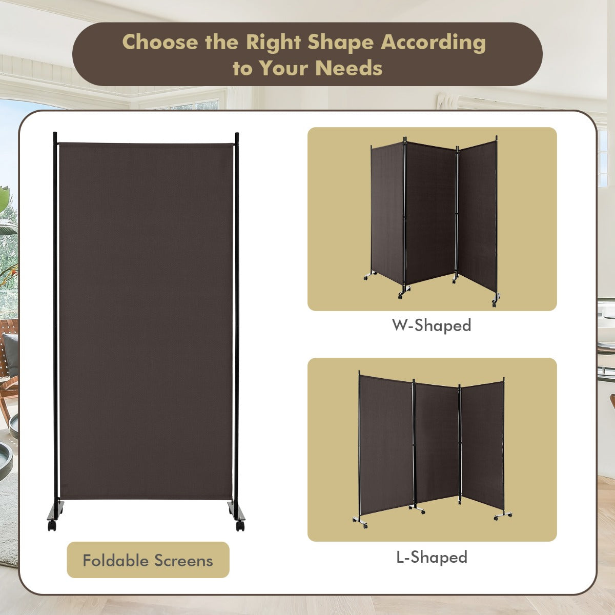 LIVSK Privacyscherm Kamerscherm Op Wielen - Roestbestendig - Textielvezel - 8 Zwenkwielen - 262 x 180 cm - Bruin