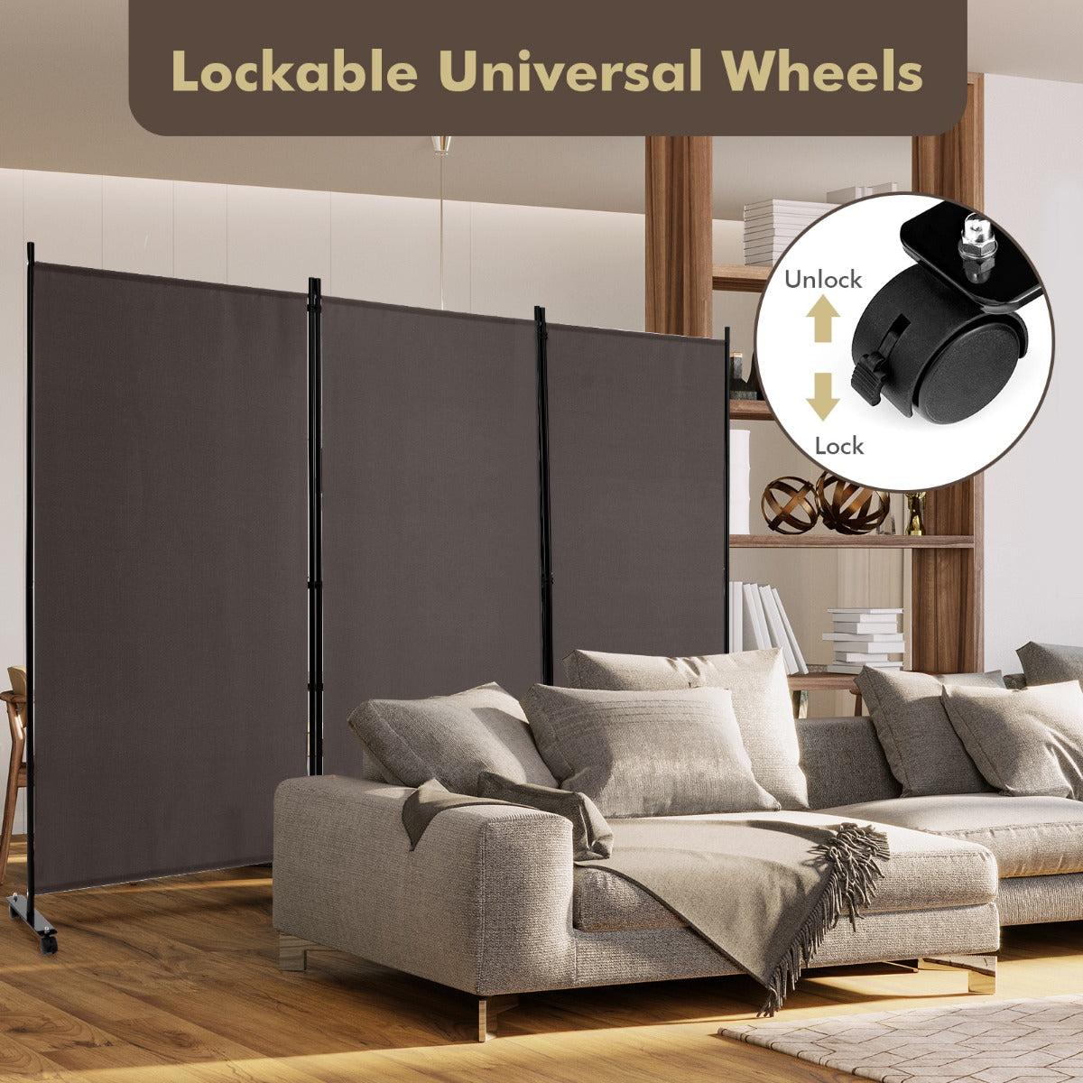 LIVSK Privacyscherm Kamerscherm Op Wielen - Roestbestendig - Textielvezel - 8 Zwenkwielen - 262 x 180 cm - Bruin