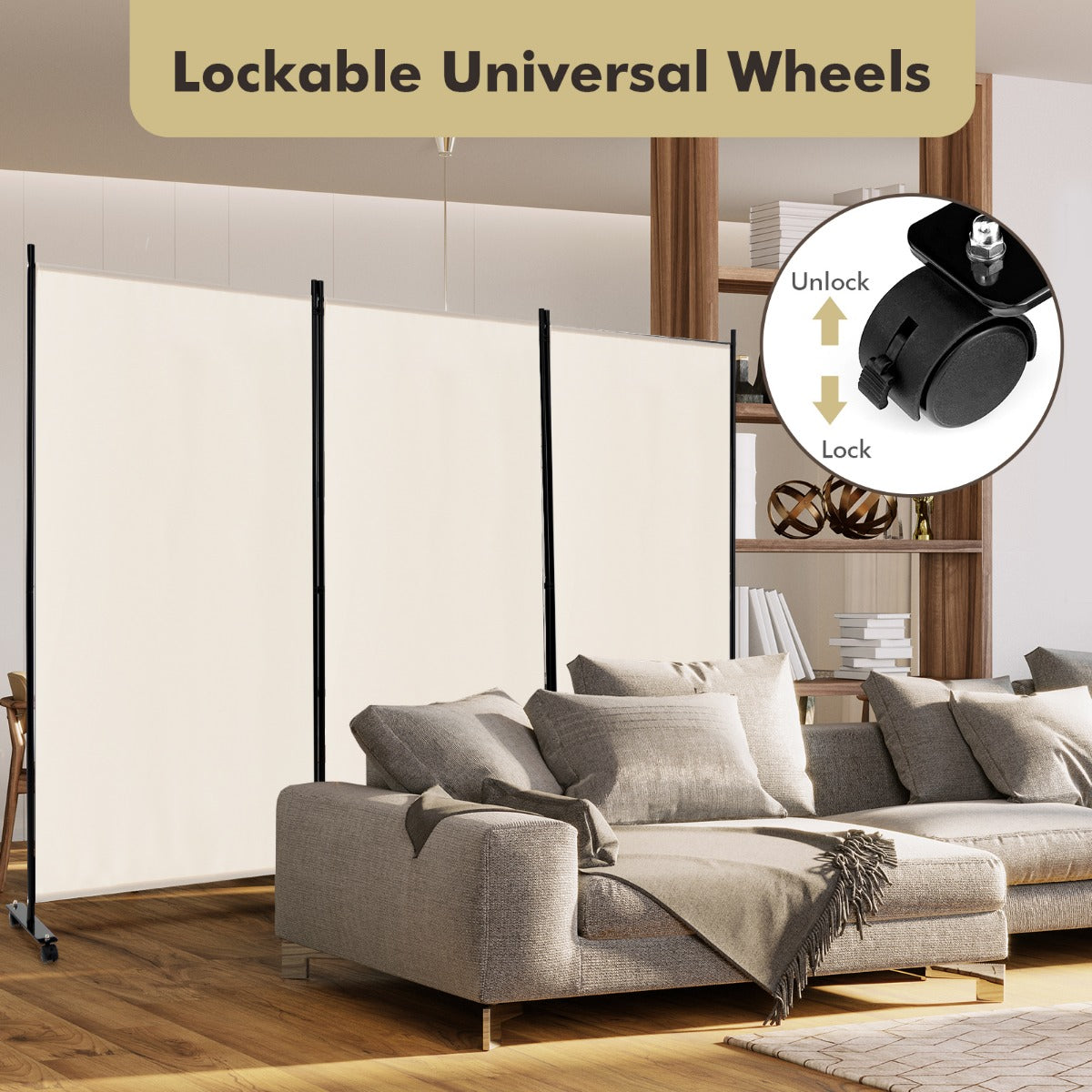 LIVSK Kamerscherm op Wielen - Vrijstaand - Hoogwaardig Polyester en Metaal - 262 x 180 cm - Ideaal voor Privacy - Gebroken Wit