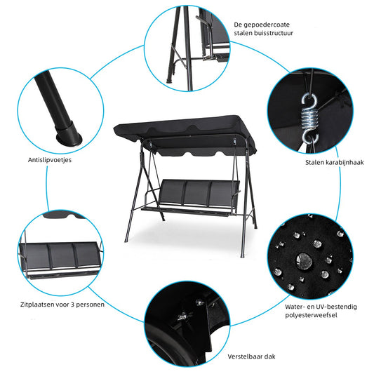 LIVSK 3-Persoons Parasol Schommel - Verstelbare Luifel - Stabiel Stalen Frame - Weerbestendig - Tot 210 kg - Zwart