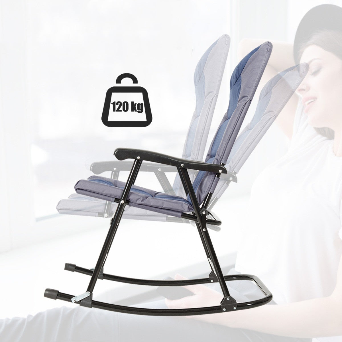 LIVSK Opvouwbare Schommelstoelenset - 2 Stoelen en Tafel - Stalen Frame - Dikke Kussens - Voor Buiten - Blauw + Grijs
