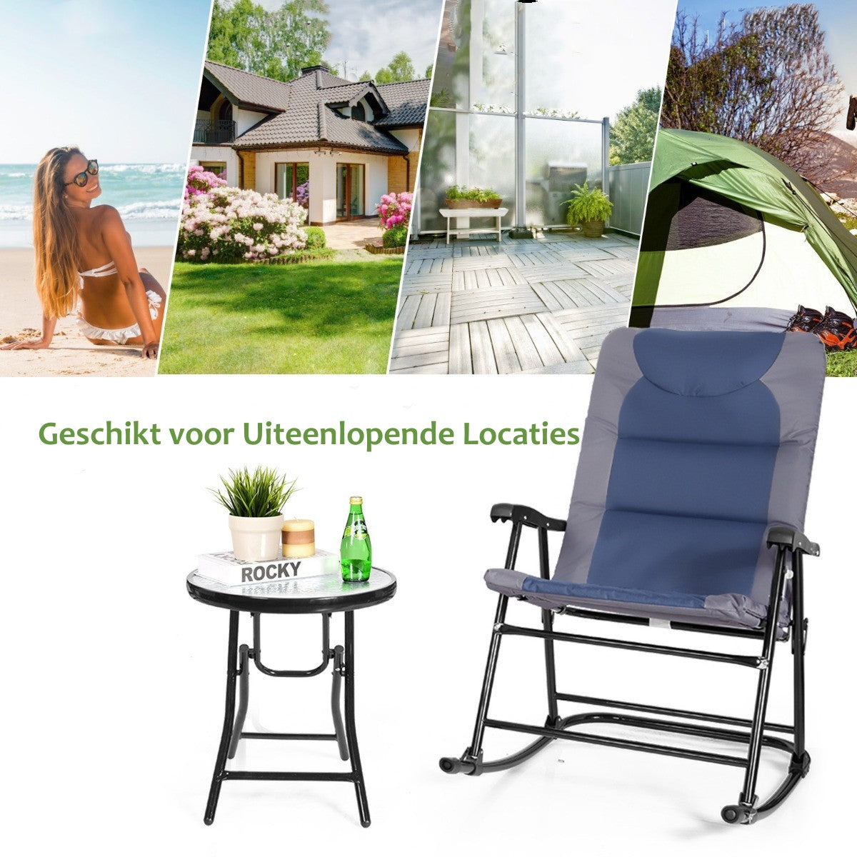 LIVSK Opvouwbare Schommelstoelenset - 2 Stoelen en Tafel - Stalen Frame - Dikke Kussens - Voor Buiten - Blauw + Grijs